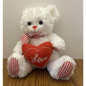 Burton + Burton White Plush Bear with Red Checked Accents Holding Heart 10 Inch